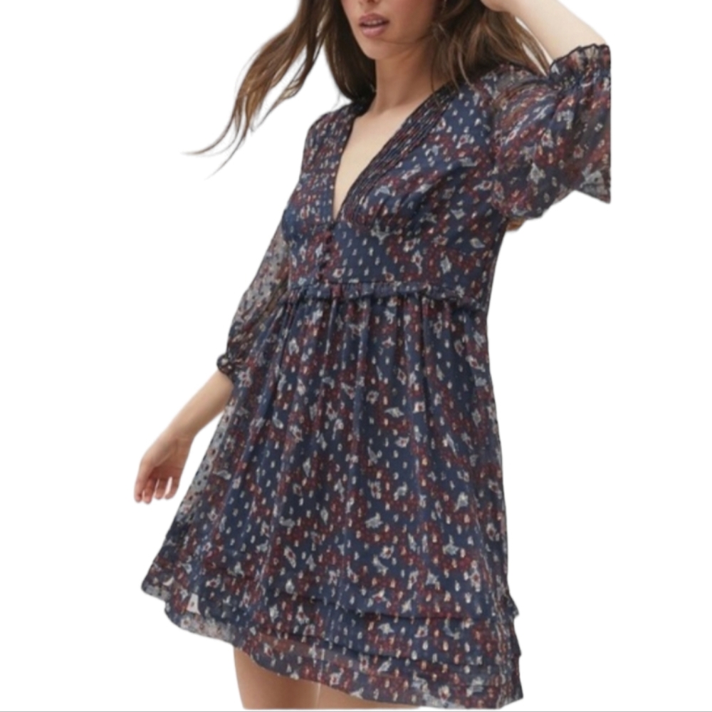 Urban Outfitters Omaha Boho Flowly Chiffon Blue Red Metalic Gold Dress Sz S